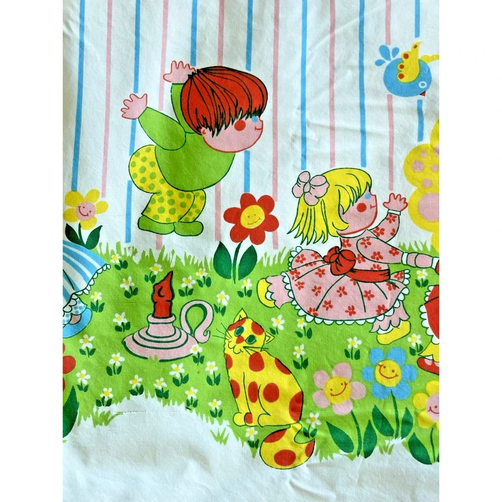 Vintage Smooth Perma Prest Twin Flat Sheet Kids Mother Goose Nursery Rhymes‎